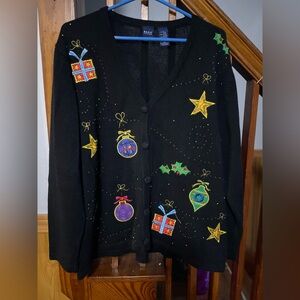 Vintage Holiday Basic Editions Black Knit Cardigan Sweater Women’s 1X Christmas
